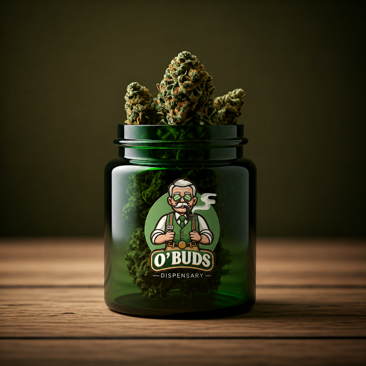 O'Buds Dispensary branded green jar filled with premium cannabis flower